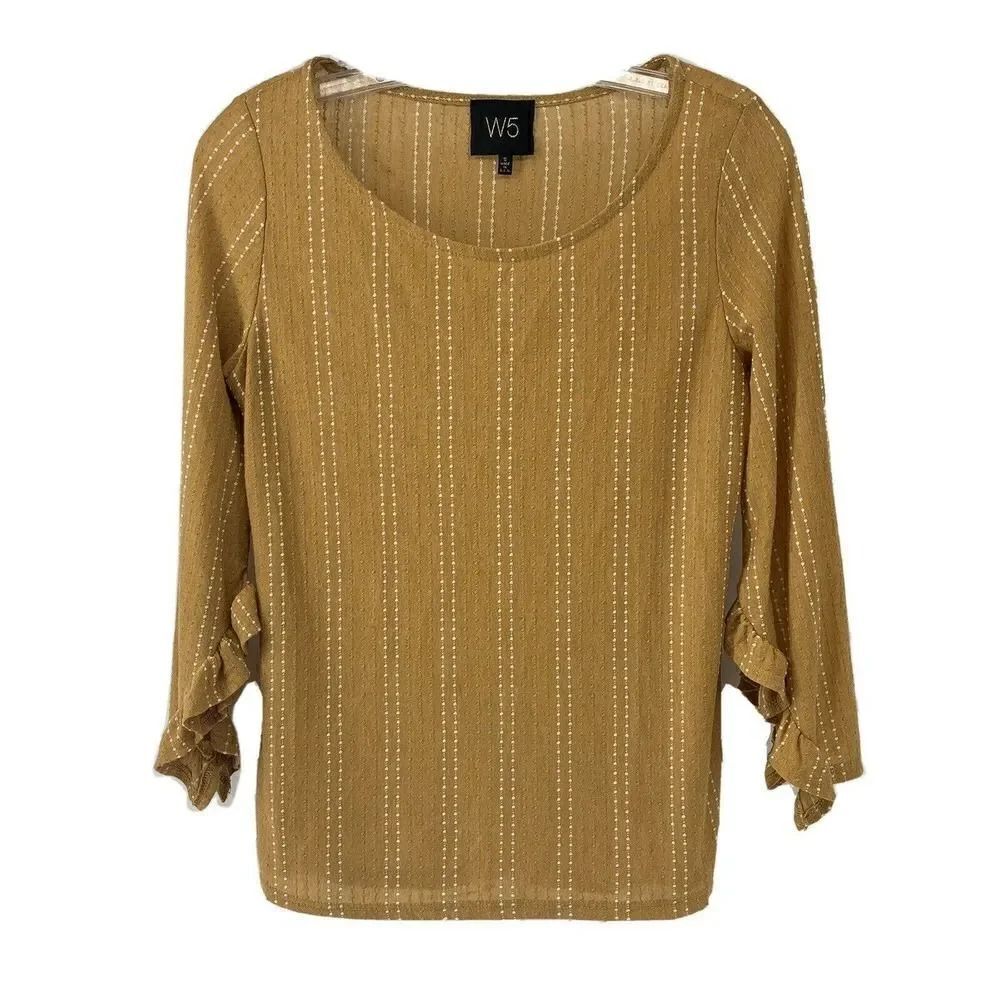 W5 Marigold Yellow 3/4 Sleeve Ruffle Striped Top S